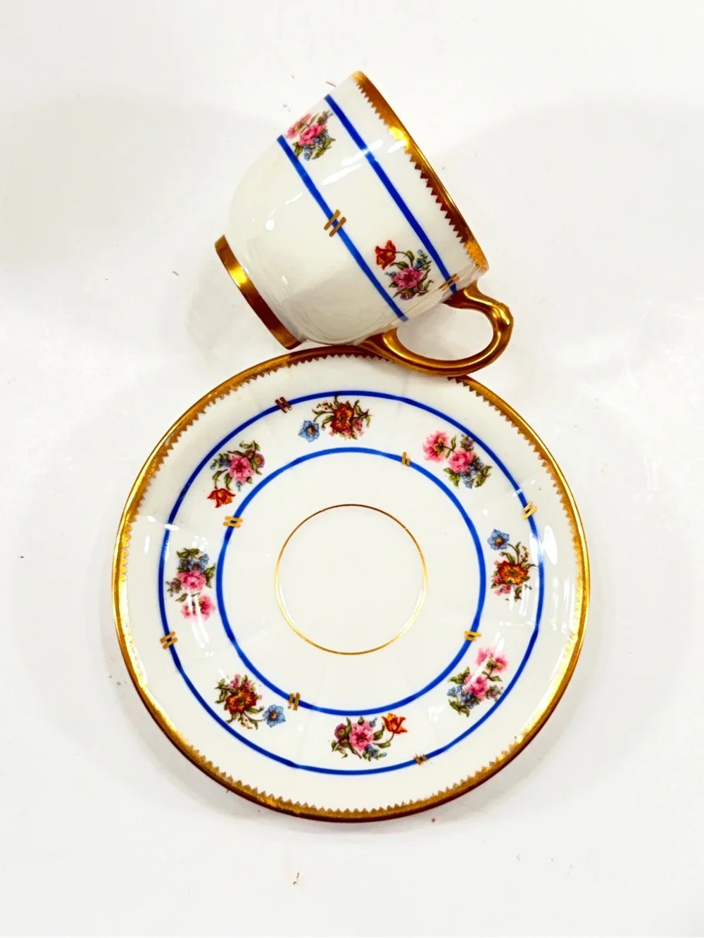 Antique 1909 J.P.L Limoges France Flowers Gold Trim Porcelain Cup & Saucer AS IS